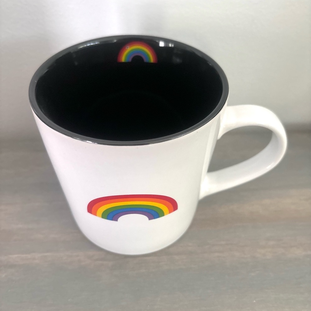 About Face Designs White/ Black Rainbow 18 Oz Stoneware Coffee Mug- New In Box